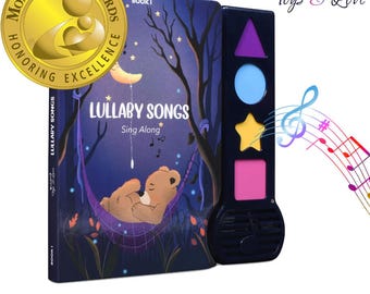 May include: A children's book titled "Lullaby Songs" with a bear illustration, a gold "Mom's Choice Awards" seal, and a black sound module with colorful shapes. The book has the text "Sing Along" and the words "Check Out the Video Demo of the Book!"