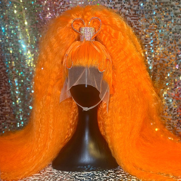 Orange Half Up Stoned Crimped Wig