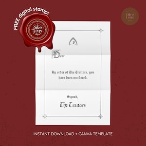 Może przedstawiać: Biały, złożony list z czarnym tekstem, czerwoną pieczęcią lakową i bordowym tłem. Na liście widnieje napis: „Na rozkaz Zdrajców zostaliście zamordowani”. Pieczęć głosi „Olive Lens”.