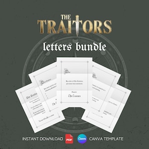 Puede incluir: Un paquete de descarga digital de cartas "The Traitors". El título está en oro con una ilustración de daga. Las cartas son blancas con texto negro y bordes decorativos. El fondo es gris oscuro con un diseño de brújula.