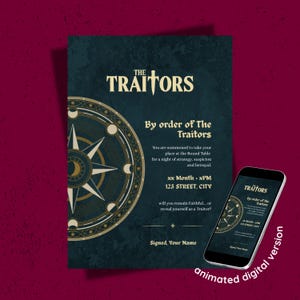 Pode incluir: Cartão de convite azul escuro com detalhes dourados e o texto "The Traitors". Um smartphone mostra a versão digital. O design inclui uma bússola e detalhes do evento.