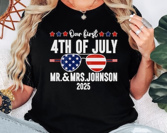 Custom First 4th of July Married Couple Matching Shirt, Couple Patriotic Tee, Mr and Mrs Independence Day TShirts, Newly Married Couple Gift