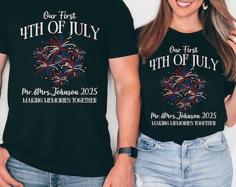 Custom First 4th of July Married Couple Matching Shirt, Couple Patriotic Tee, Mr and Mrs Independence Day TShirts, Newly Married Couple Gift