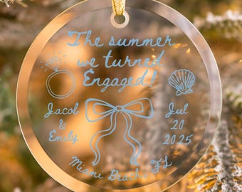 Personalized Beach Engagement Christmas Ornament, Custom Engaged Ornament, Couple Keepsake, 1st Xmas Engaged Ornament, Gift For Newly Couple