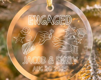 Personalized Beach Engagement Christmas Ornament, Custom Engaged Ornament, Couple Keepsake, 1st Xmas Engaged Ornament, Gift For Newly Couple