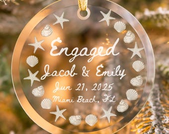 Personalized Beach Engagement Christmas Ornament, Custom Engaged Ornament, Couple Keepsake, 1st Xmas Engaged Ornament, Gift For Newly Couple