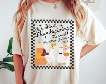 Comfort Colors First Thanksgiving Married Couple Matching Shirt, Personalised Matching Thanksgiving TShirt, Mr and Mrs Thanksgiving T-Shirts