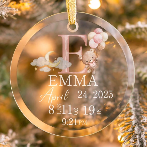 Personalized Baby Birth Stats Ornament, Custom Newborn Ornament, Baby Keepsake, Baby Shower Gift, New Parent Gift, Baby’s First Christmas
