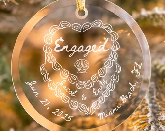 Personalized Beach Engagement Christmas Ornament, Custom Engaged Ornament, Couple Keepsake, 1st Xmas Engaged Ornament, Gift For Newly Couple