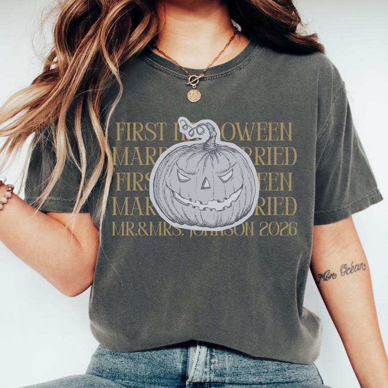 Comfort Colors Personalized First Halloween Married Couple Matching Shirt, Couple Trick or Treat Tee, Custom Mr and Mrs Halloween T-Shirts image 3