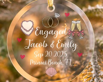 Personalized Beach Engagement Christmas Ornament, Custom Engaged Ornament, Couple Keepsake, 1st Xmas Engaged Ornament, Gift For Newly Couple