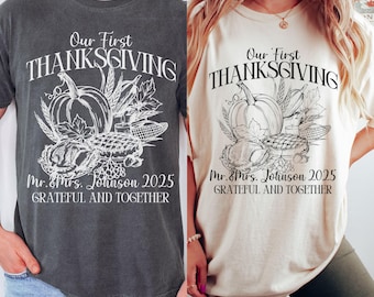 Comfort Colors First Thanksgiving Married Couple Matching Shirt, Personalised Matching Thanksgiving TShirt, Mr and Mrs Thanksgiving T-Shirts