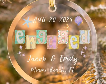 Personalized Beach Engagement Christmas Ornament, Custom Engaged Ornament, Couple Keepsake, 1st Xmas Engaged Ornament, Gift For Newly Couple