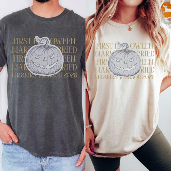 Comfort Colors Personalized First Halloween Married Couple Matching Shirt, Couple Trick or Treat Tee, Custom Mr and Mrs Halloween T-Shirts