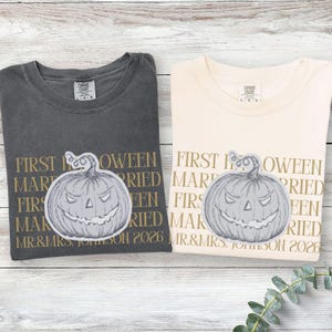 Comfort Colors Personalized First Halloween Married Couple Matching Shirt, Couple Trick or Treat Tee, Custom Mr and Mrs Halloween T-Shirts image 2