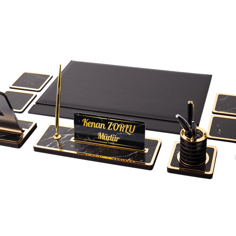 Yaren Black Desk Set 8 Accessories / Marble Design Desk Set / Black