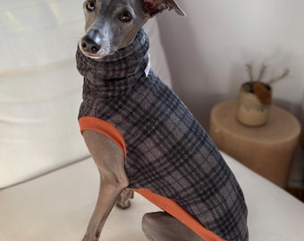 May include: A gray Italian Greyhound wearing a gray plaid dog sweater with orange trim. The dog is sitting on a white cushion, looking at the camera. The sweater has a turtleneck collar.