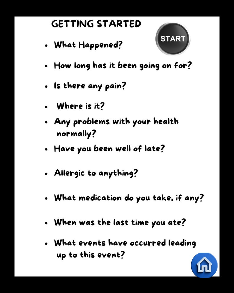Op de afbeelding: Een zwart-witte checklist met de titel "Getting Started" en een lijst met vragen die je kunt stellen bij het starten van een nieuw project of een nieuwe taak. De vragen zijn: "What Happened?", "How long has it been going on for?", "Is there any pain?", "Where is it?", "Any problems with your health normally?", "Have you been well of late?", "Allergic to anything?", "What medication do you take, if any?", "When was the last time you ate?", and "What events have occurred leading up to this event?"