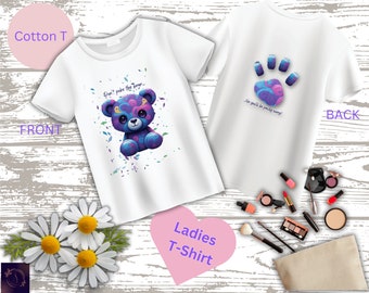 Artistic Bear Print T-shirt, Floral Bear Design, Women's Cotton Tee