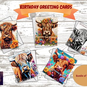 Célébrez avec une touche Highland : lot exclusif de cartes d'anniversaire multi-designs (paquet de 5) Carte de voeux d'anniversaire Vache des Highlands pour l'occasion d'anniversaire