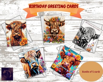 Highland Cow Birthday Card Bundle: Scottish Greeting Cards (5-Pack)