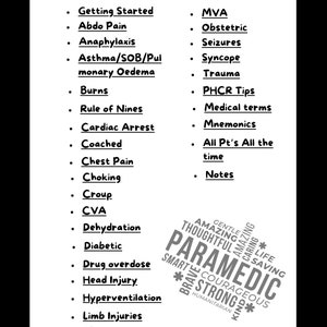 Op de afbeelding: Een zwart-wit afbeelding met de tekst "HOME PAGE WITH LINKS" bovenaan. De afbeelding bevat een lijst met medische termen en aandoeningen, zoals "Abdo Pain", "Anaphylaxis", "Asthma", "Burns", "Cardiac Arrest", "Chest Pain", "Choking", "CVA", "Dehydration", "Diabetic", "Drug overdose", "Head Injury", "Hyperventilation", "Limb Injuries", "Meningococcal", "MVA", "Obstetric", "Seizures", "Syncope", "Trauma", "PHCR Tips", "Medical terms", "Mnemonics", "All Pt's All the time" en "Notes". De afbeelding bevat ook een woordwolk met het woord "PARAMEDIC" in het midden.