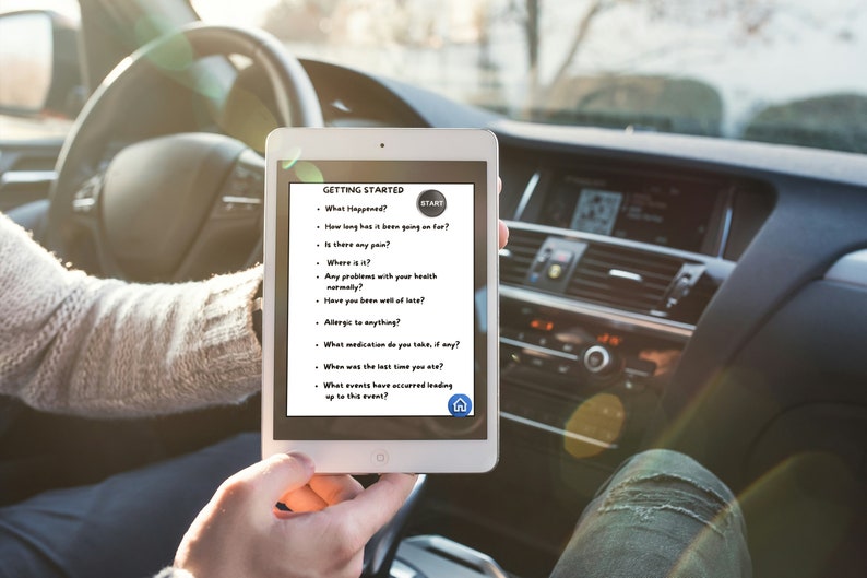 Op de afbeelding: Een witte tablet met een zwart scherm waarop een lijst met vragen staat met de titel "Getting Started" met het woord "START" in een blauwe cirkel. De vragen gaan over gezondheid en welzijn.