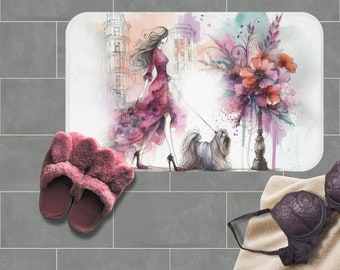 Unique Bath Mat, Watercolor Fashion Illustration, Absorbent Memory Foam
