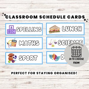 May include: Classroom schedule cards with subjects like Spelling, Maths, and Sport, each in a blue-bordered rectangle. Includes illustrations of a sandwich, calculator, and sports equipment. The text says "20 TO CHOOSE FROM!"