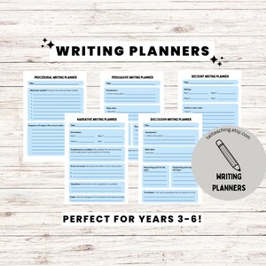 Puede incluir: Un conjunto de planificadores de escritura en azul y blanco. Los planificadores incluyen secciones para escritura de procedimientos, persuasiva, narrativa, de discusión y de recuento. El texto de la imagen dice "Writing Planners" y "Perfect for Years 3-6!"