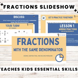 May include: A colourful digital slideshow for teaching children about fractions. The slides feature the words "Fractions with the Same Denominator" and "Adding, Subtracting, and Solving Problems". The slides also include practice problems and a discussion question.