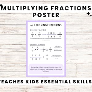 May include: A poster titled "Multiplying Fractions" with examples of multiplying fractions. The poster includes text and mathematical equations in black font on a light purple background. The poster teaches kids essential skills.