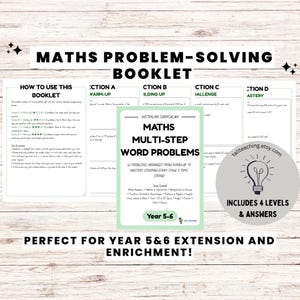 Può includere: Un libretto di risoluzione di problemi matematici per studenti di quinta elementare e prima media con problemi a più passaggi. Include sezioni intitolate Warm-Up, Building Up, Challenge e Mastery su frazioni e geometria.