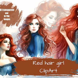 Pacote de clipart de aquarela para meninas de cabelo vermelho, PNG transparente, download digital, scrapbooking de diário de lixo, ilustração de moda, cabelo longo vermelho