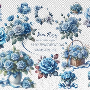 33 Blue Rose Floral Clipart PNG, Watercolor Roses, Roses Clipart, Dusty Rose & Blush, Floral Clipart, Watercolor Clipart, Wedding Clipart