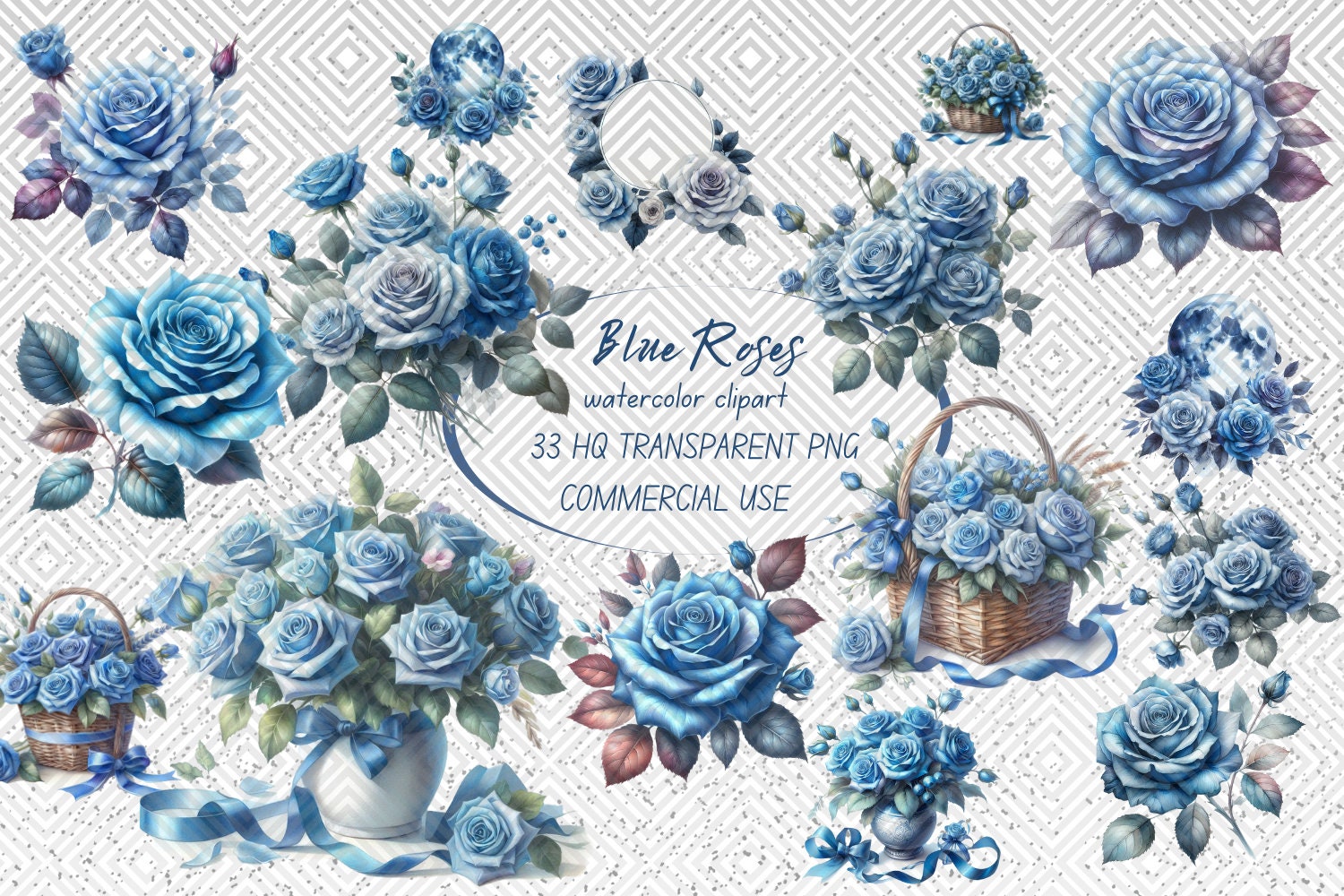 33 Blue Rose Floral Clipart PNG, Watercolor Roses, Roses Clipart, Dusty Rose & Blush, Floral Clipart, Watercolor Clipart, Wedding Clipart