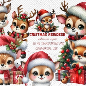 55 Cute Reindeer PNG Clipart Set, Christmas Deer, Watercolor Santa reindeer graphics, Christmas Clipart, Christmas cards, sublimation design