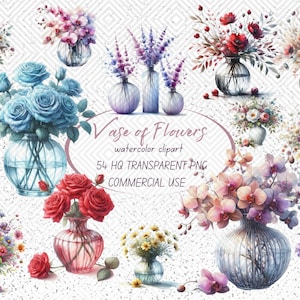 Vase of Flowers Clipart: Watercolor PNG Images (Digital Download)