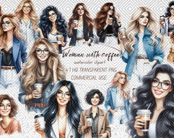 Watercolor Fashion Woman with Coffee Clipart: 47 Ladies PNG Images (Digital Download)