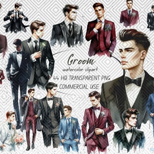 44 bruidegoms aquarel clipart bundel, aquarel bruiloft clipart bundel, zakenman clipart, man in pak clipart, commercieel gebruik illustraties