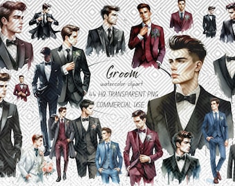 44 Grooms Watercolour Clipart Bundle, Watercolor wedding clipart bundle, Business man clipart, Man in Suit clipart, Commercial Use Clip Art