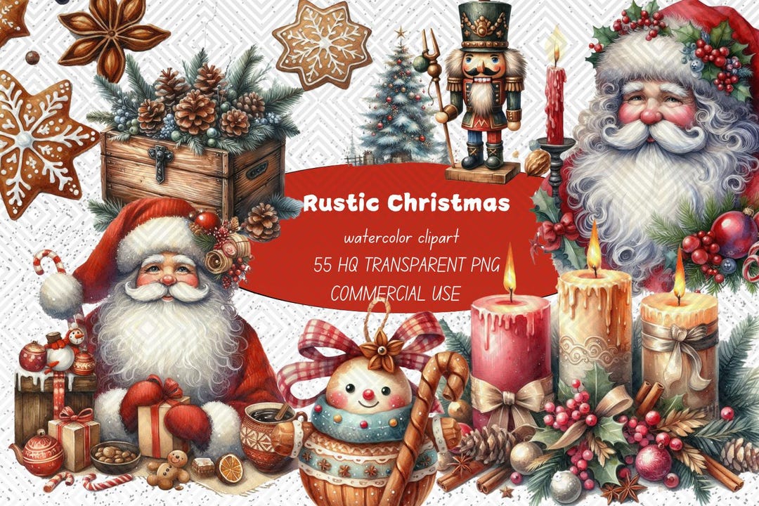 55 Rustic Christmas PNG Clipart Bundle, Rustic Christmas Illustration ...