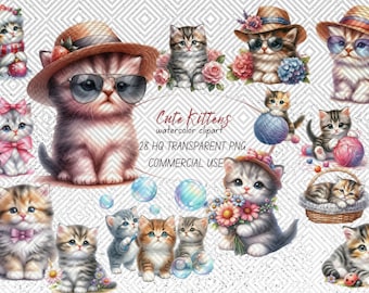 Paquete de 28 imágenes prediseñadas de gatitos lindos PNG, libros de recuerdos, diarios basura, álbumes de recortes, planificadores digitales, uso comercial gratuito, descarga digital