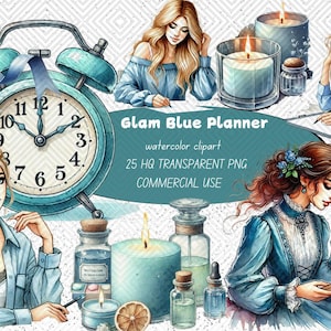 Glam Blue planner clipart: boho chic journaling, png (digitale download)