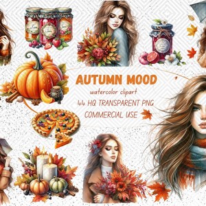 Pacchetto di clipart di acquerelli Autumn Mood - 44 immagini PNG Cozy Fall, grafica di fogliame stagionale, download digitale istantaneo, uso commerciale