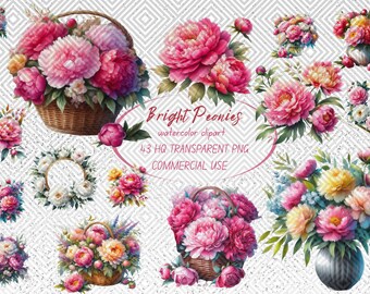 Watercolor Peonies Clipart: Pink Floral PNG Images (Digital Download)