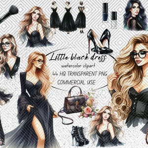 Little Black Dress Clipart Set - Abiti acquerello - Set abito nero - Download istantaneo PNG, Uso commerciale, Elemento di design stampabile