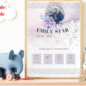 New Baby Personalised Gift For Girl Birth Stats Print Keepsake Print Gift For New Baby, Baby birth card, Personalized baby birth gift
