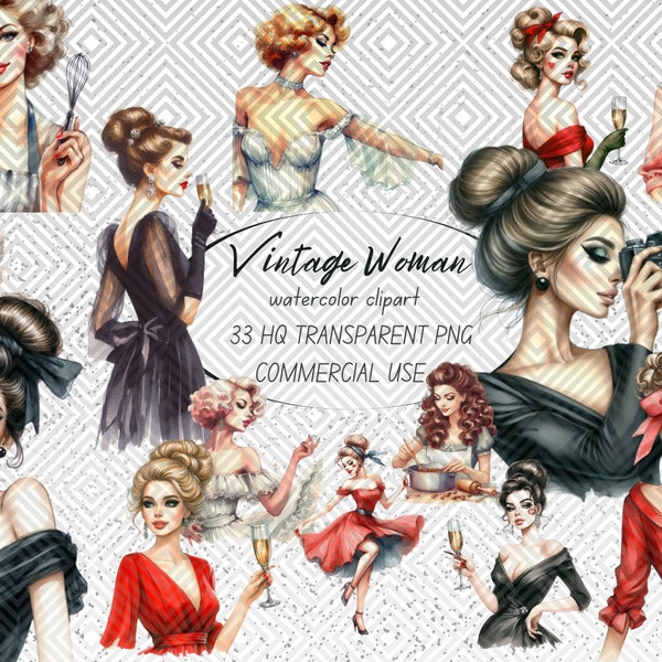 33 Vintage Modern Ladies clipart,Fashion retro woman clipart,Digital Collage Sheet,Card Making,Beautiful Retro Women Illustrations