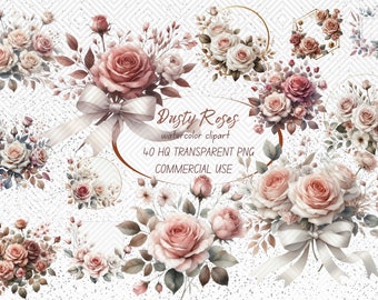 40 Dusty Rose Floral Clipart PNG, Watercolor Roses, Roses Clipart, Dusty Rose & Blush, Floral Clipart, Watercolor Clipart, Wedding Clipart